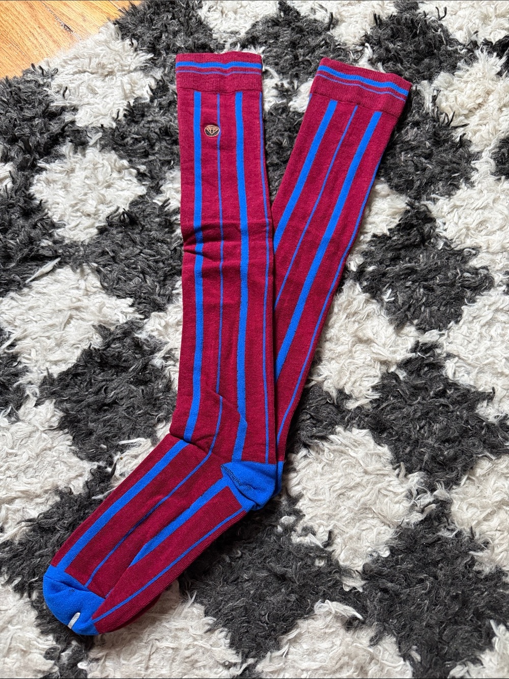 Men's Burgundy and Blue Striped Knee-High Dress Socks- New